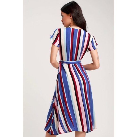 NWT Womens Size Small Lulu's Gesselie Blue Multi Stripe Midi Wrap Dress - Picture 3 of 4